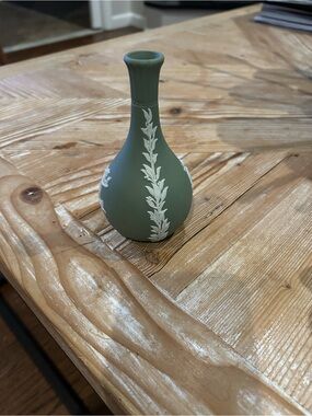 Wedgwood Green Jasperware Matte Sage Bud Vase with White Relief Leaves